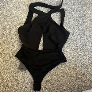 NBD Black Open Front Cross Halter Bodysuit with Open Back, Size XS NEVER WORN